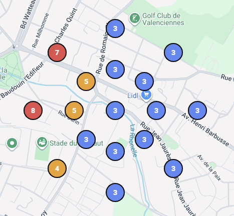 Carte montrant les 17 positions géographiques trackées autour de votre établissement sur Google Maps
