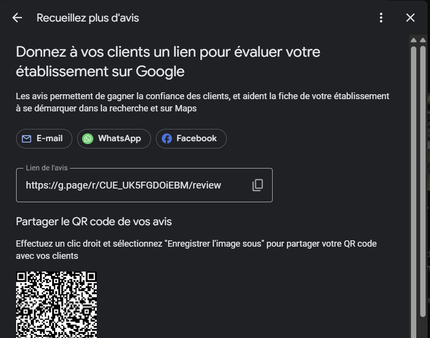 Copiez le lien d'avis Google