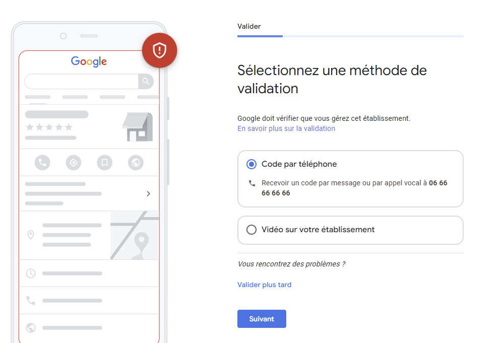 Choix de la méthode de validation Google Business Profile