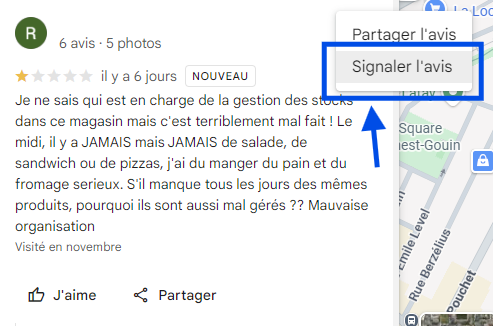 Capture d'écran montrant comment signaler un avis sur Google Maps en cliquant sur les 3 points puis Signaler l'avis