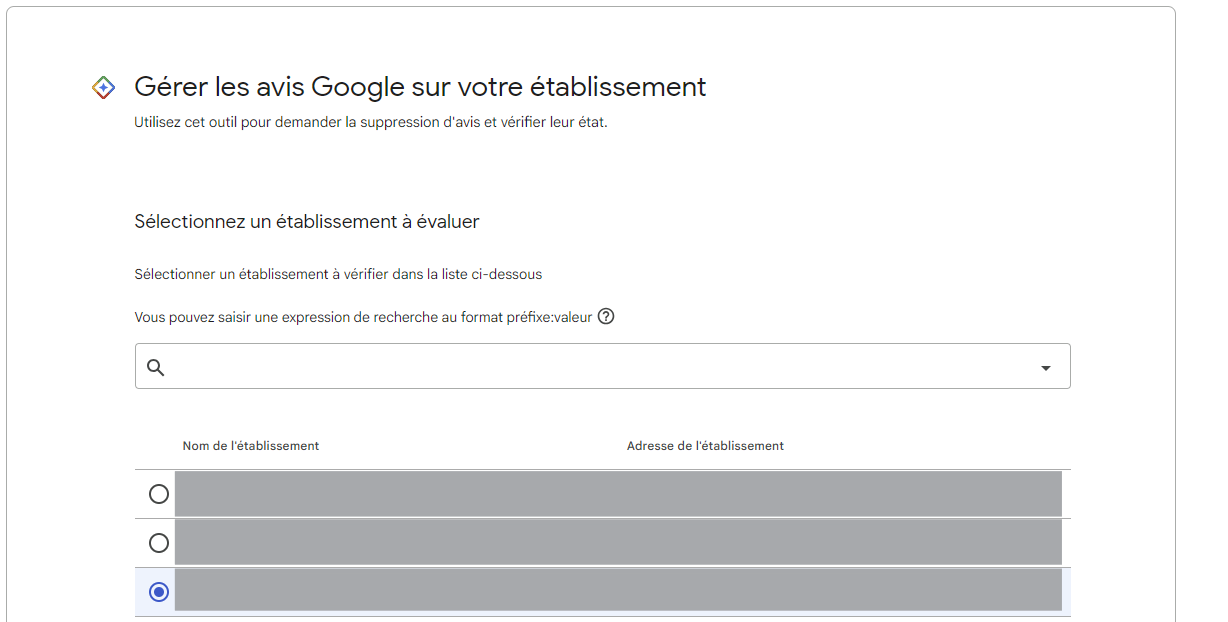 Interface de sélection d'établissement Google Business Profile pour signaler un avis