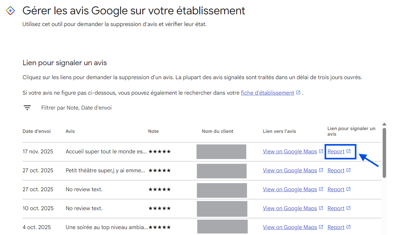 Interface Google Business Profile avec le bouton Report pour signaler un avis