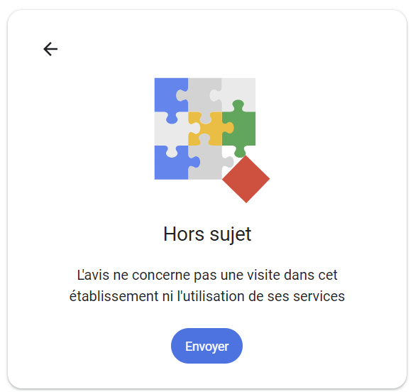 Sélection du motif de signalement dans l'outil Google Business Profile - exemple avec Avis hors sujet
