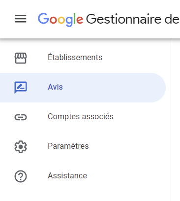 Menu Avis dans Google Business Profile - Gestionnaire de fiche d'établissement