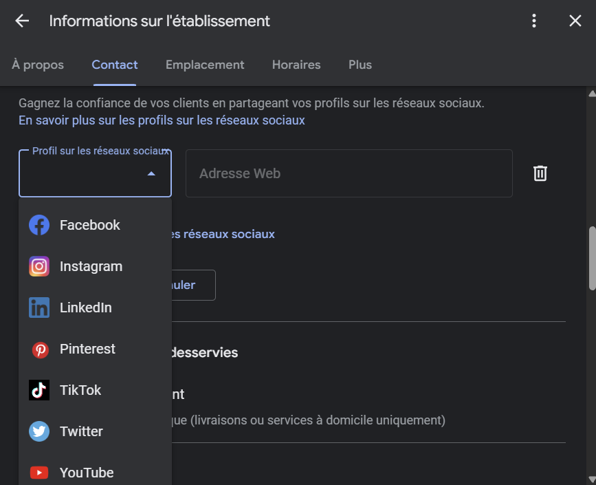 Connexion des réseaux sociaux Facebook, Instagram et LinkedIn dans Google Business Profile
