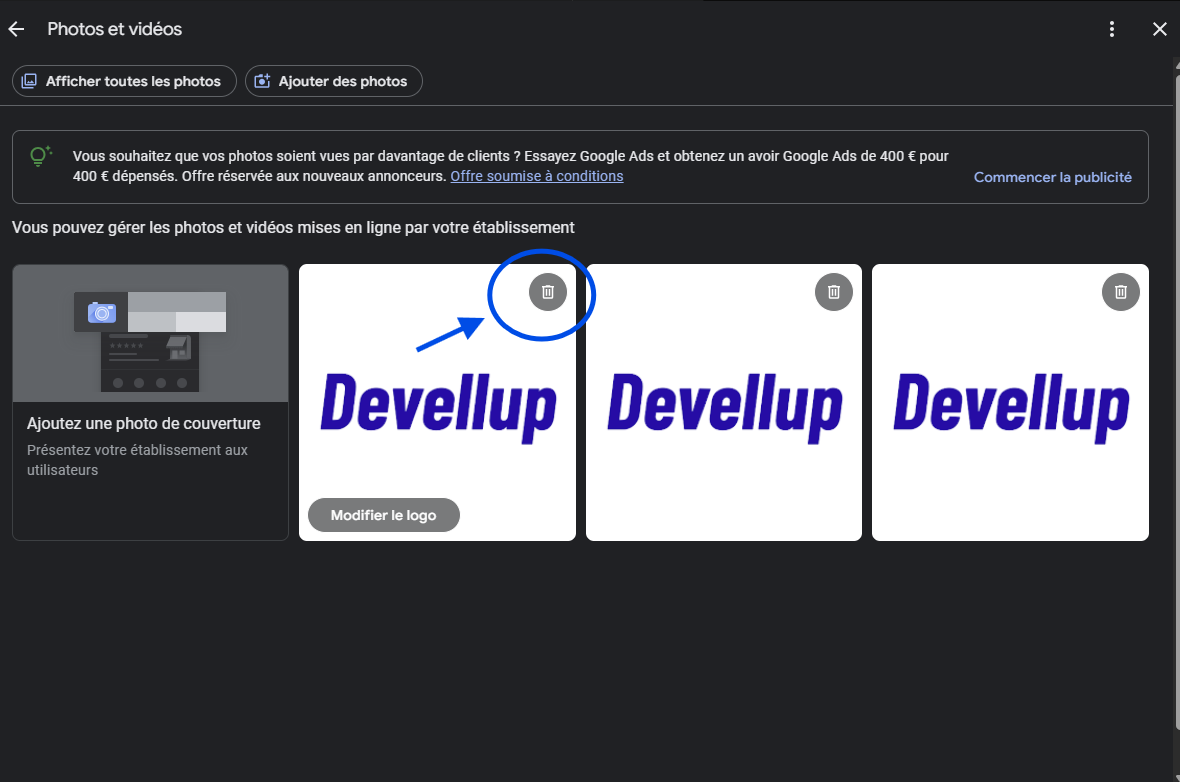 Interface de gestion des photos Google Business Profile montrant la liste des photos avec l'option de suppression