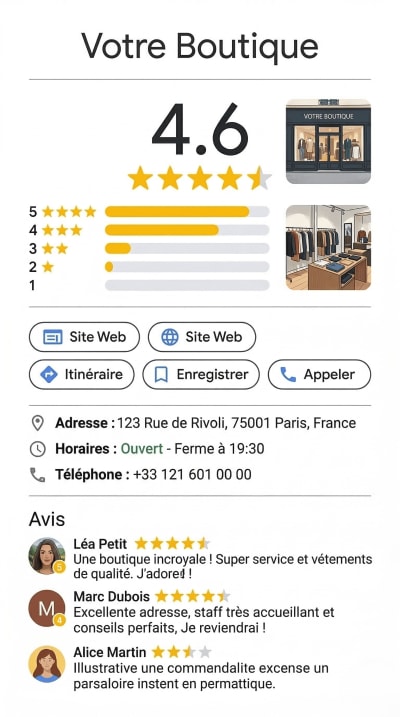 Exemple de fiche Google Business Profile bien notée avec 5 étoiles et des avis positifs