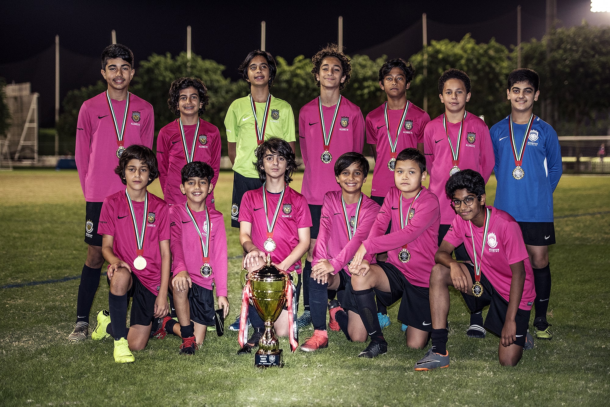 Alliance Football Club players celebrating as Dubai Winter Classic winners