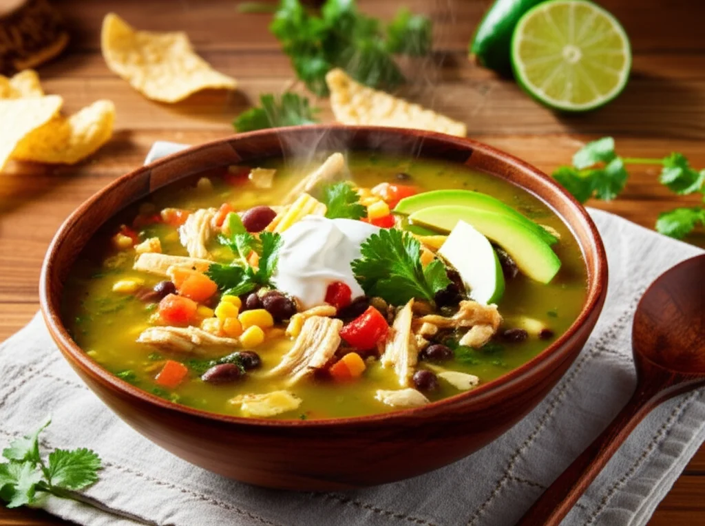Green Chicken Enchilada Soup in a bowl