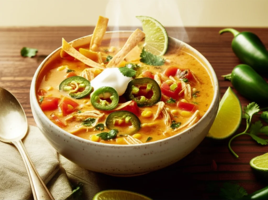 Chicken Poblano Soup in a bowl, steaming with roasted peppers and chicken