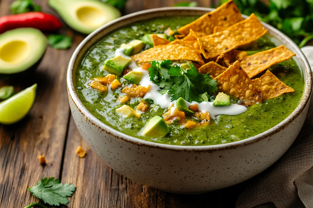 Roasted Poblano Soup in a bowl, steaming with crema swirl