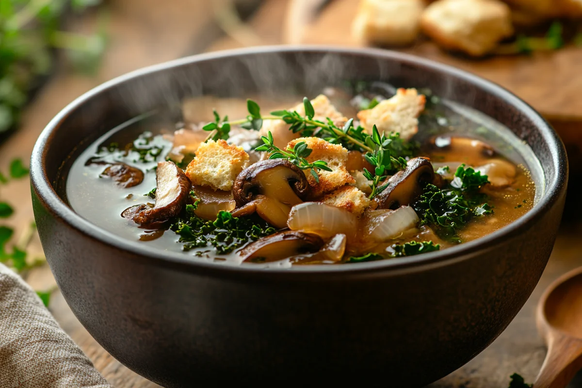 Wild Mushroom, Caramelized Onion And Kale Soup in a rustic bowl with fresh herbs