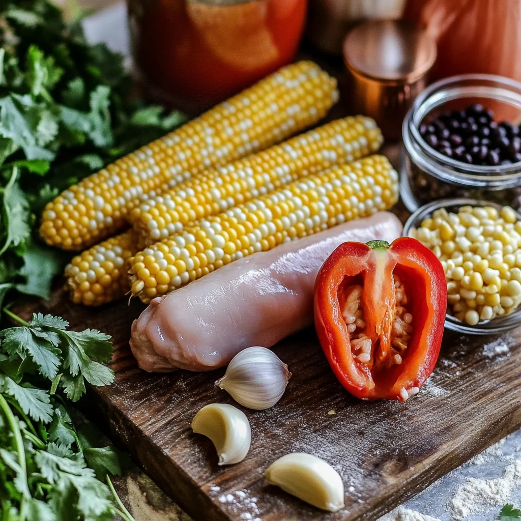 Fresh ingredients for Chicken Burrito Casserole including chicken, rice, beans, and cheese