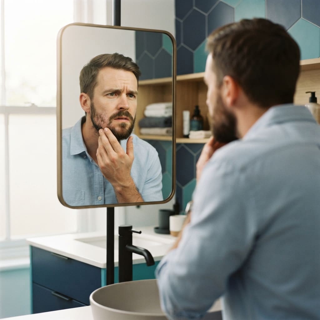 Profesional mexicano revisando parches en su barba frente al espejo