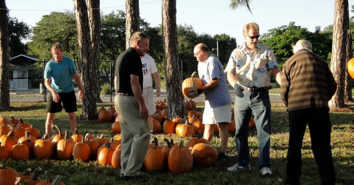 Sertoma Club volunteers setting out pumpkins under the pines at the Jessie P. Miller School lot