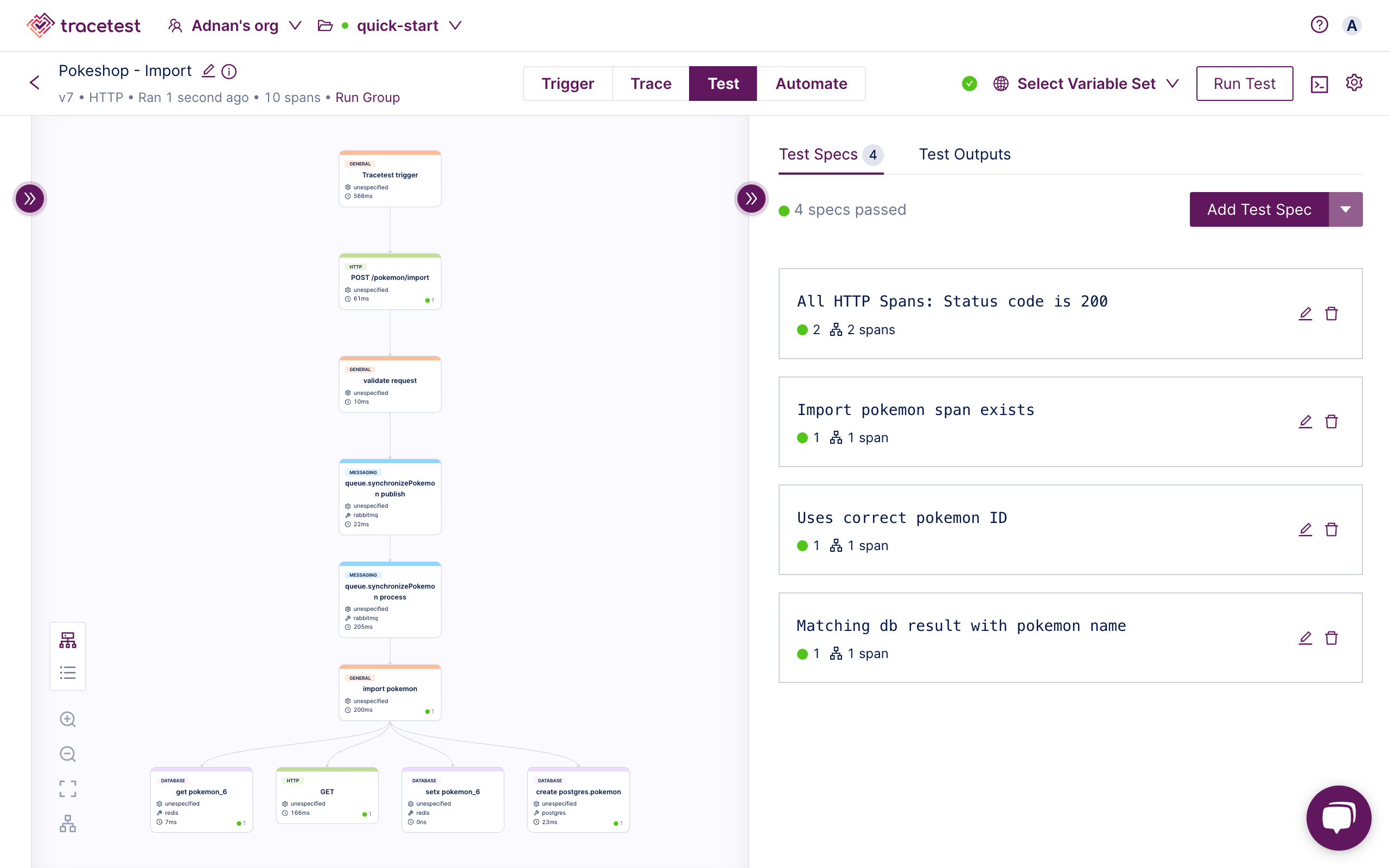 tracetest all test assertions