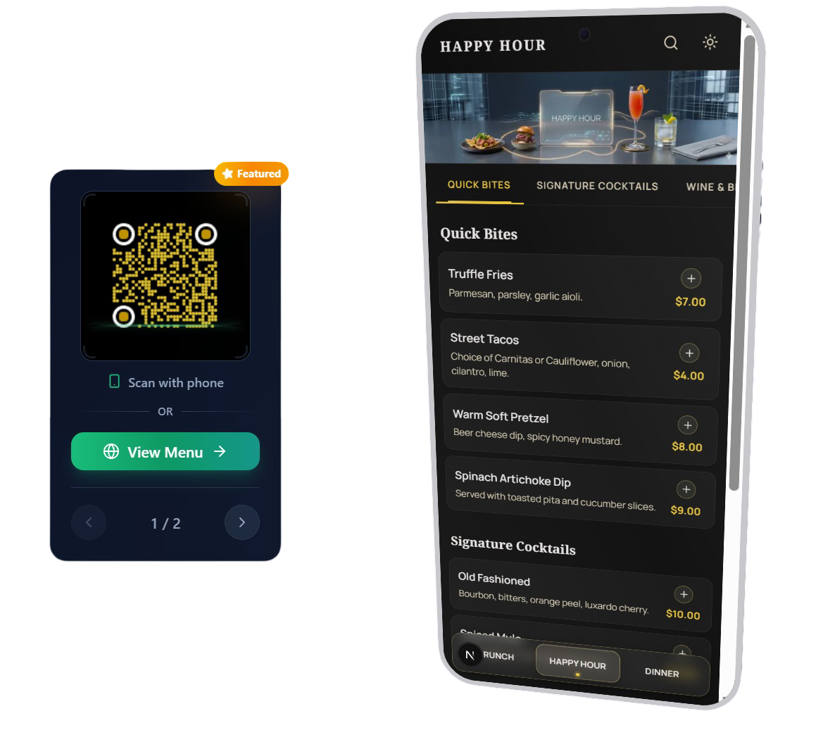 Binx digital menu example with editorial styling and mobile-friendly grouped menu layout