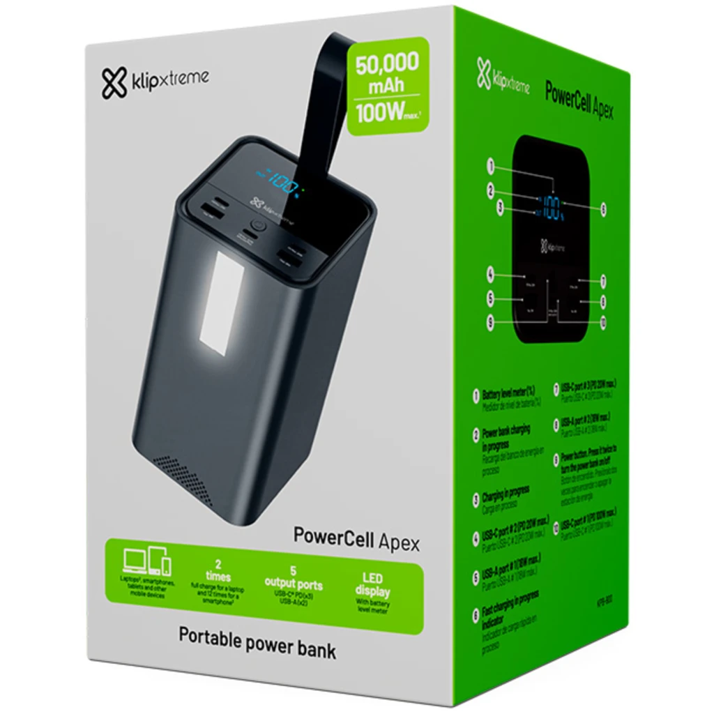 Imagen 10 de Klip Xtreme - Power bank - 24 pin USB-C - 2 x 4 pin USB Type A / 3 x 24 pin USB-C - Lithium polymer - Para Universal - 100W 50.000mAh