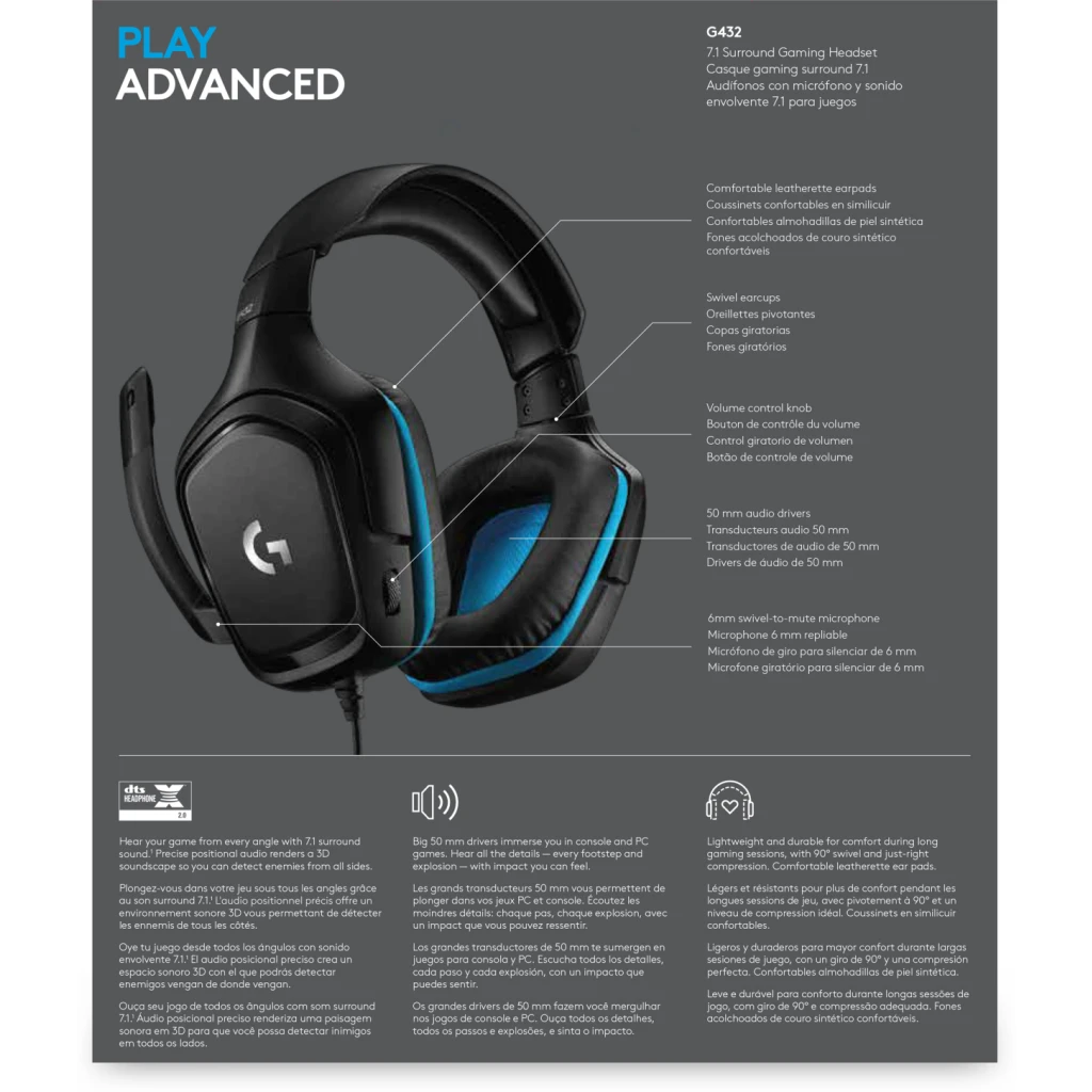 Imagen 6 de Cintillo Multimedia Logitech Gaming G432 alambrico sonido 7.1 20Hz-20kHz