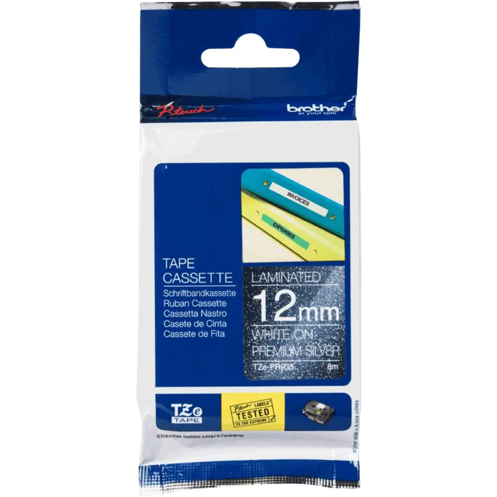 BROTHER 12mm Glitter Blanco en Fondo Plateado Cinta 8mt p/PT-H110/E300