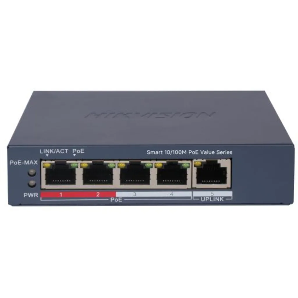 Switch 4 Puertos Hikvision No Amd. POE+ 10/100 Mbps 45W 300mt Smart