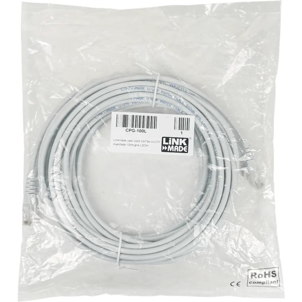 Cable de Red Linkmade Cat5e LSZH Patch Inyectado Multifilar 10mts GRIS