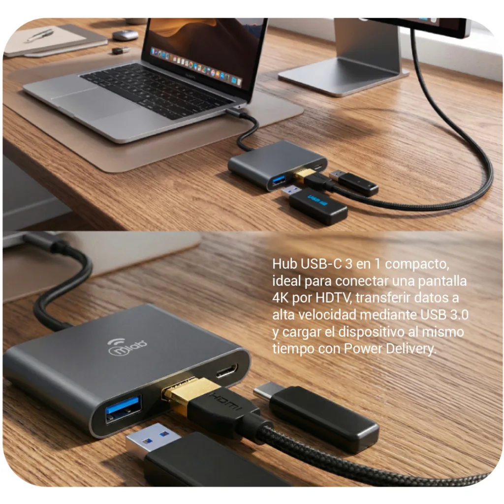 Imagen 1 de MLAB HUB ADAPTADOR 3 EN 1 TYPE-C A HDMI + 1PD100W + 1USB3.0