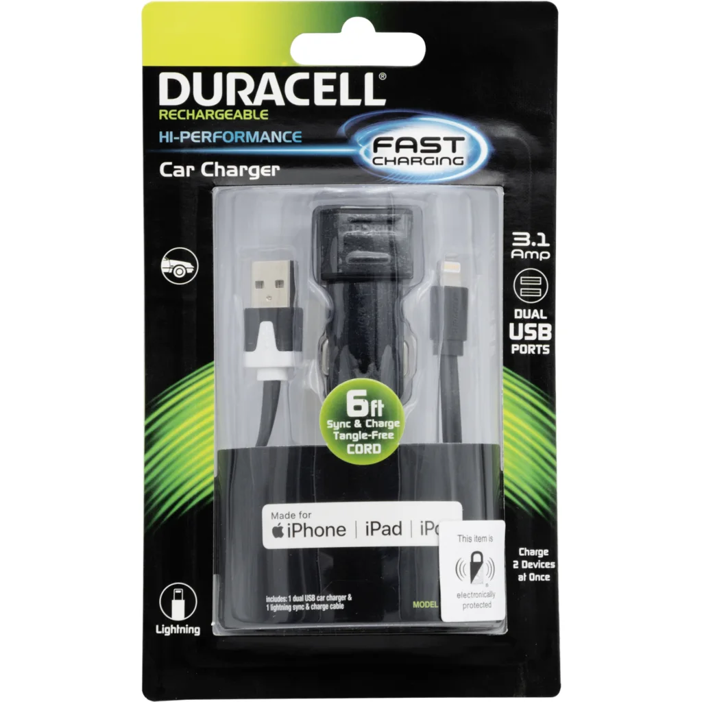 Imagen 1 de CARGADOR AUTO 2,1A + CABLE IPHONE 5/6 CERTIF DURACELL PRO183