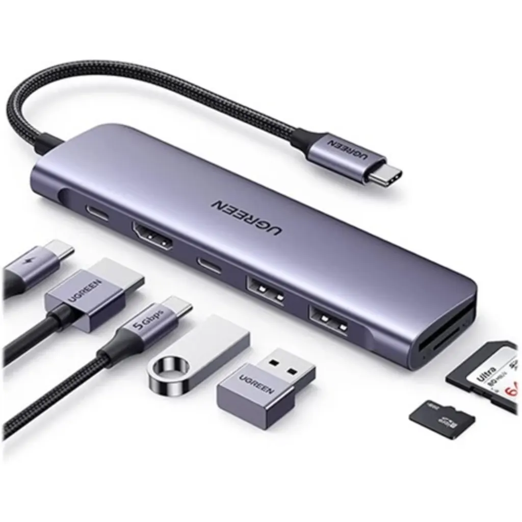 Hub Multipuerto UGREEN USB-C. Entradas 2*USB 3.0 A+USB-C+HDMI 4K+SD/TF+PD