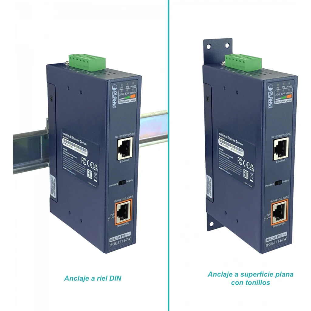 Imagen 5 de PLANET Inyector Riel-Din PoE+ 802.3at 60W 2-RJ45 Gigabit req/48-56VDC