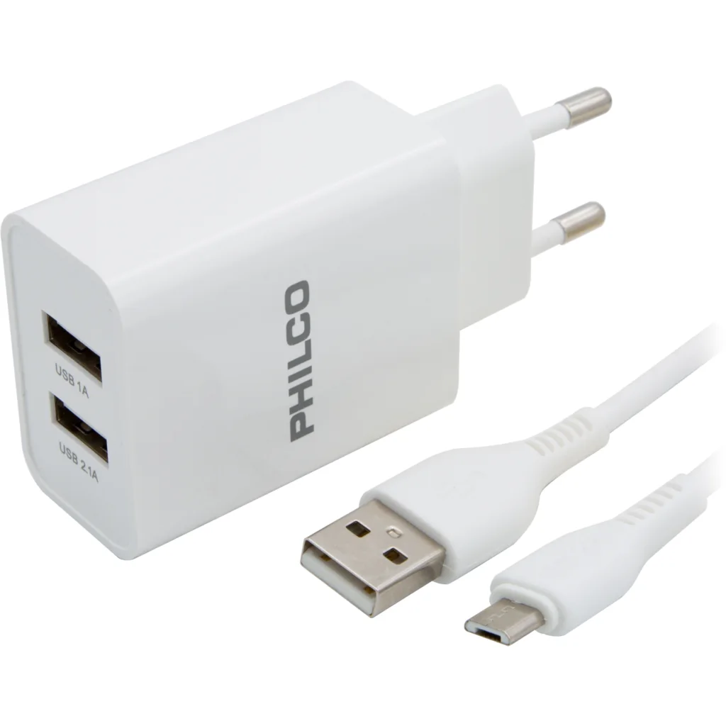 Imagen 1 de CARG. DE PARED 2.1 A DOBLE USB C/CABLE MICRO R2100 BLANCO