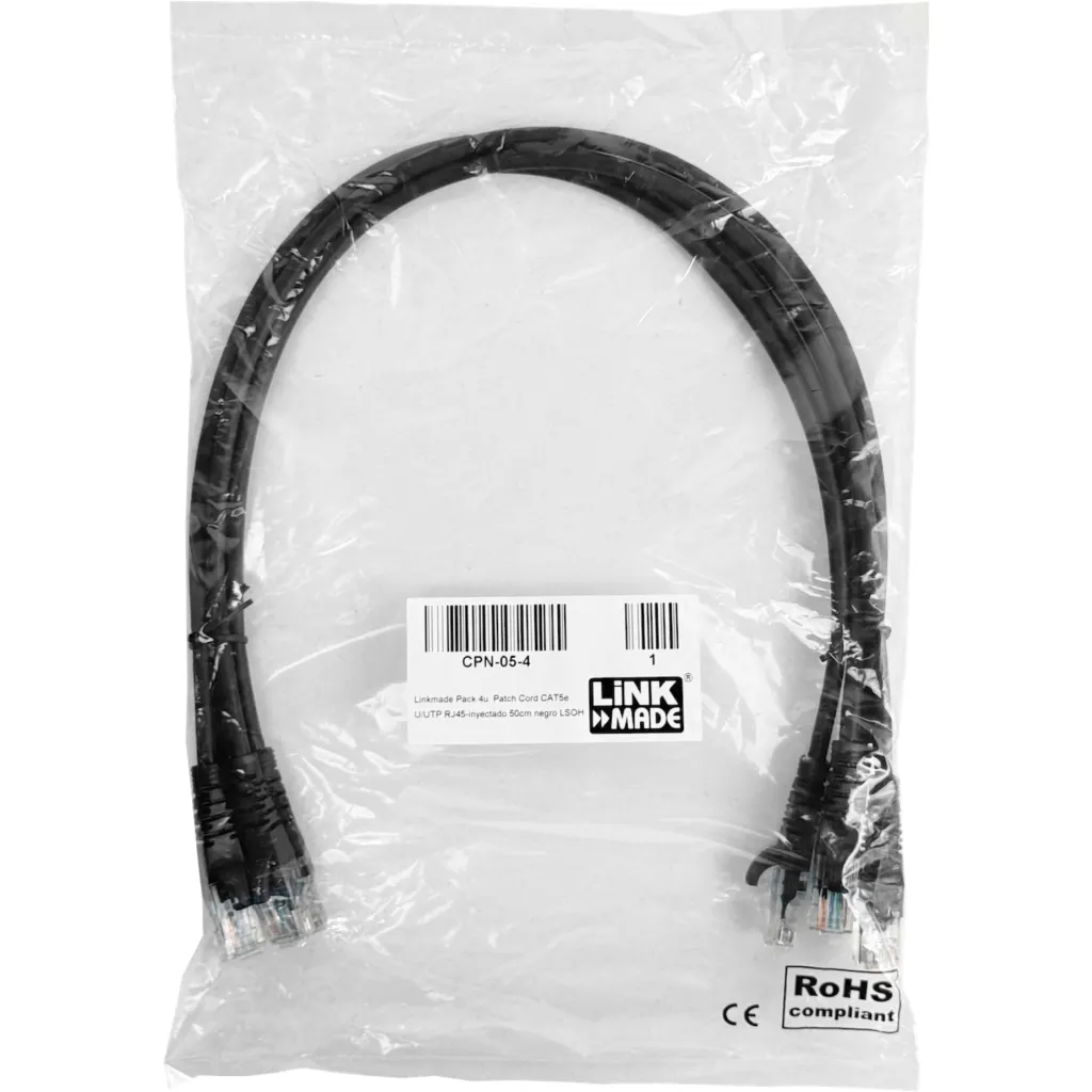 Imagen 3 de LINKMADE 4UN 50CM CAT5E NEGRO LSZH CABLE PATCH INYECTADO MULTIFILAR