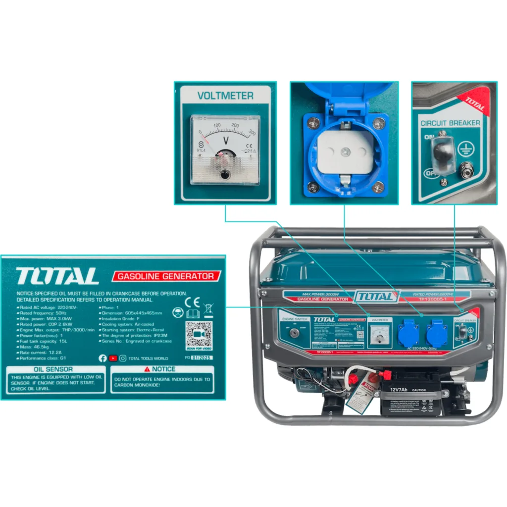 Imagen 1 de TOTAL 3000W Generador electr a gasolina Tanque-15L 220VAC TP130005-1