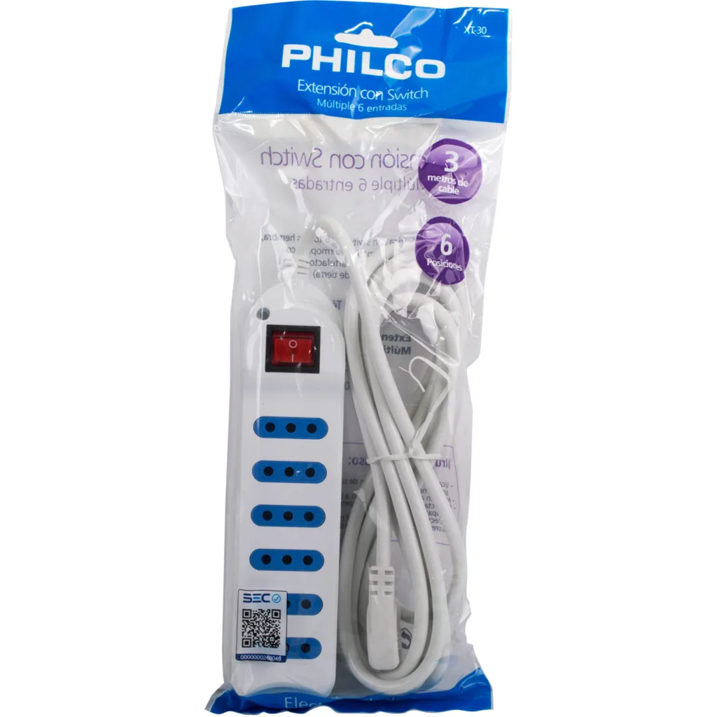 Imagen 2 de Alargador Eléctrico 6 Tomas c/Switch 3mts Color blanco - Philco
