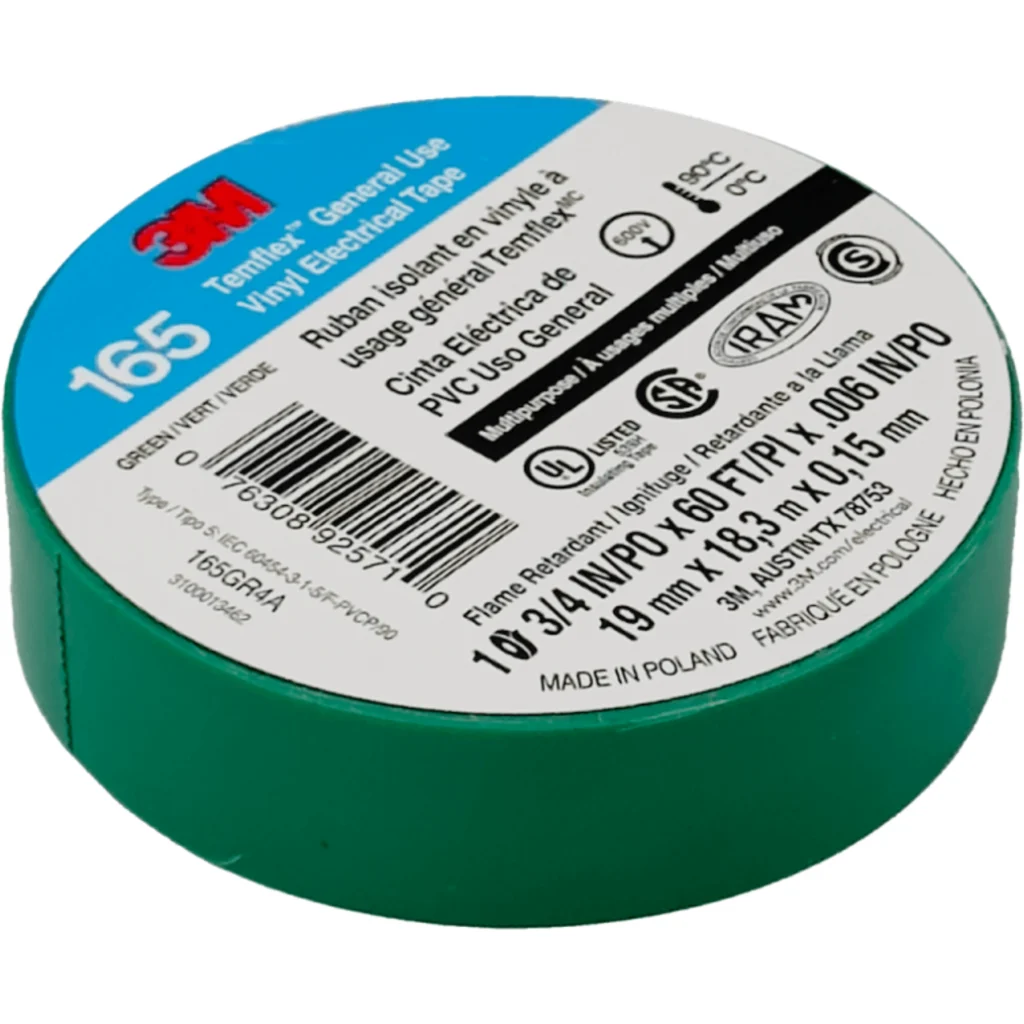 3M 18mt 165 Verde Huincha Cinta Aisladora PVC 19mm 0,15mm 600V 0-90oC