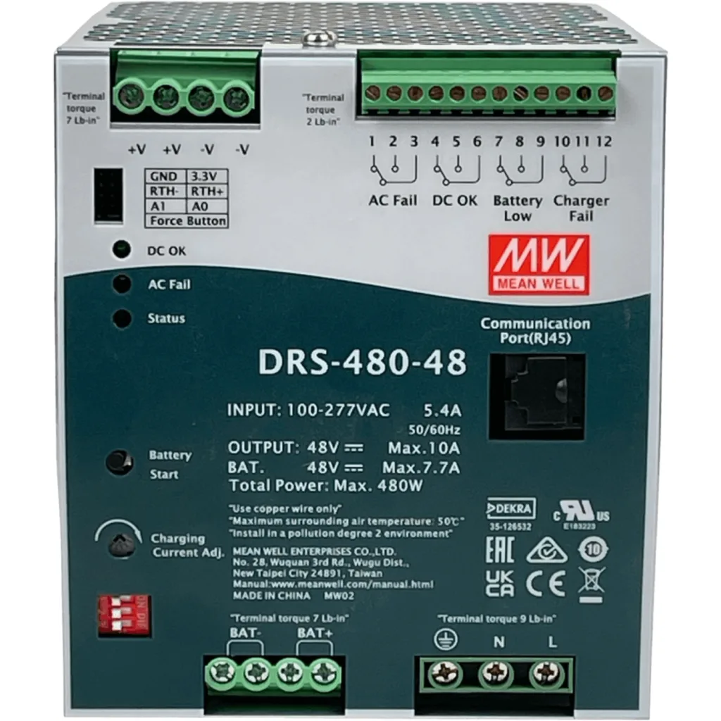 Imagen 3 de MEANWELL 48VDC 10A 480W 10-100AH RJ45 Anch-110mm req/100-277V Riel-DIN