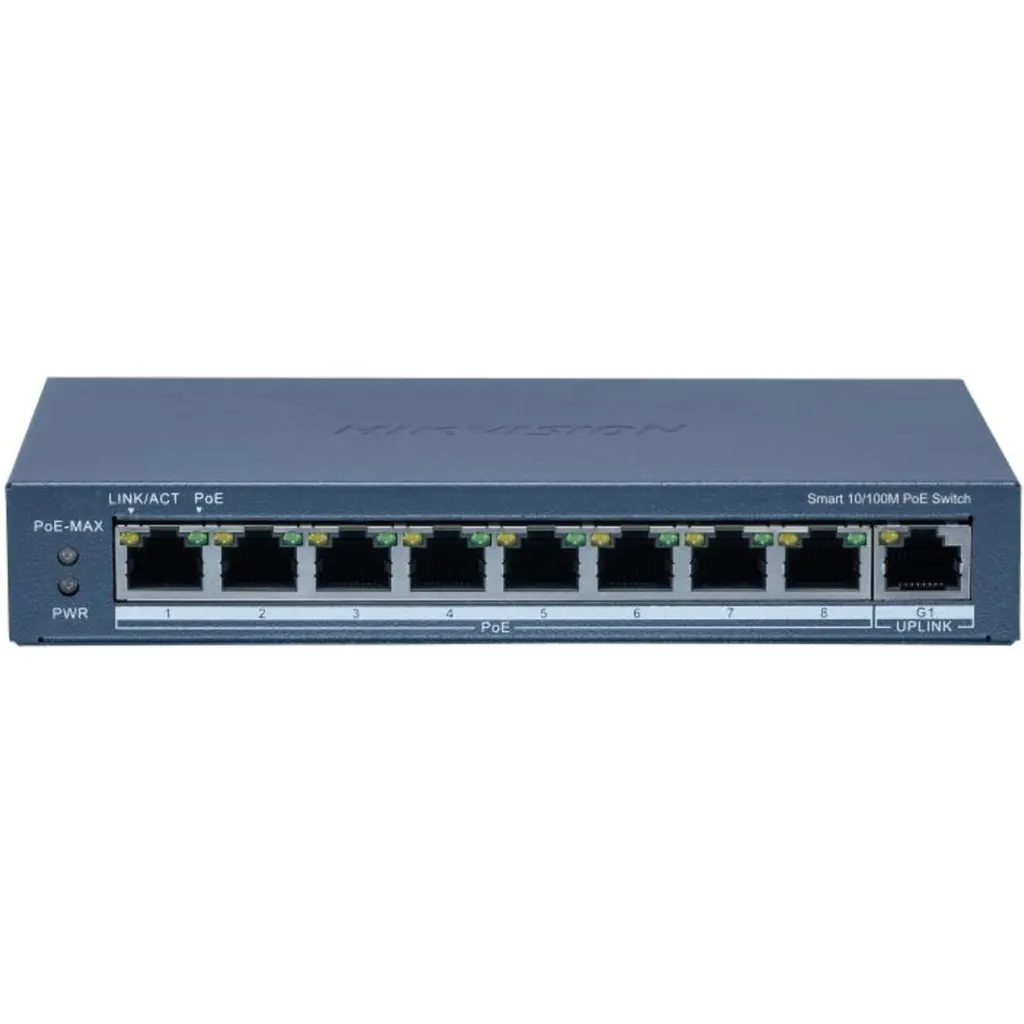 Switch 8 Puertos Hikvision POE+ No Adm. 1x 1000Mbps Uplink 300mt 60W