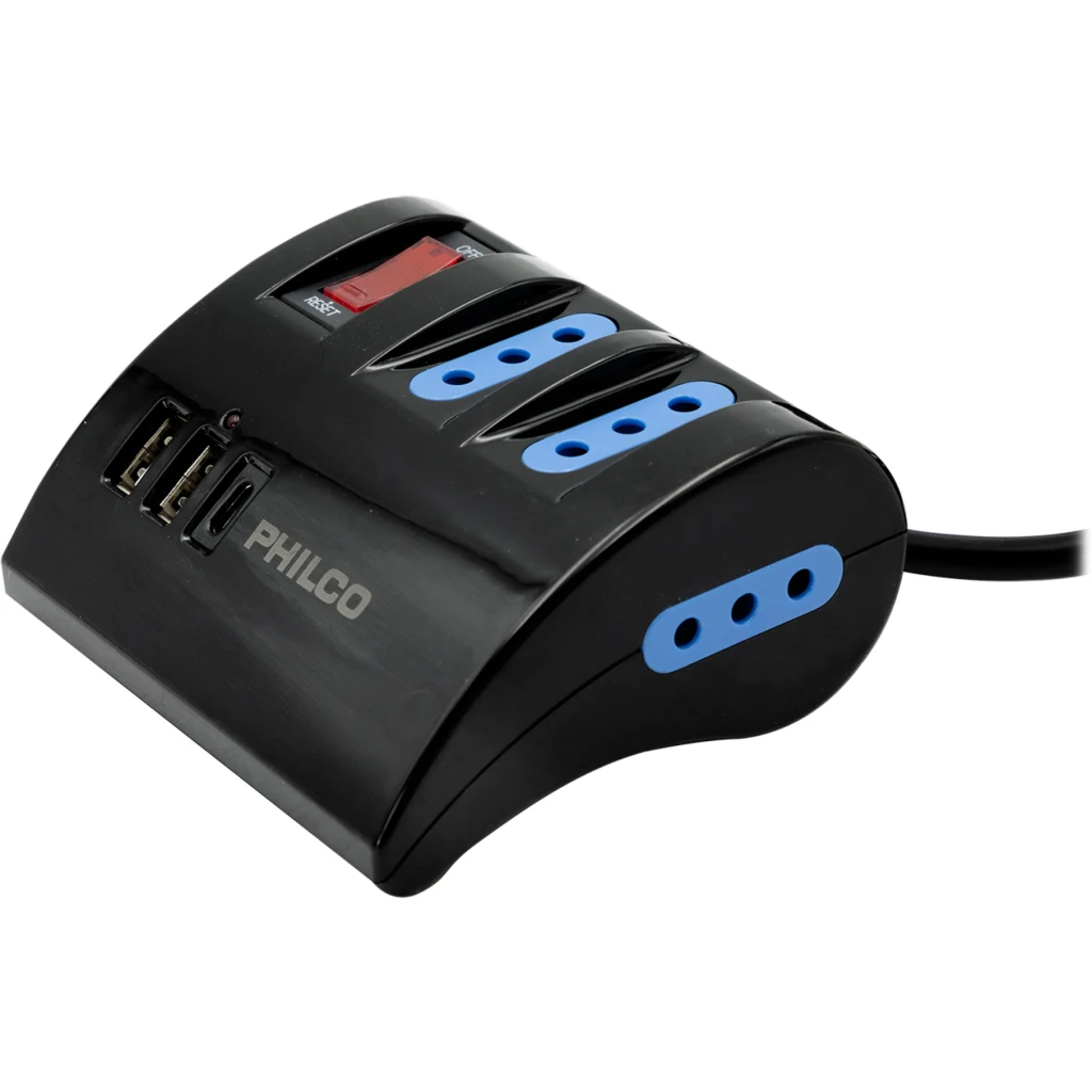 Imagen 1 de Alargador Eléctrico 3 Tomas + 2*USB 1*USB-C 1.5mts Color Negro - Philco 2044N
