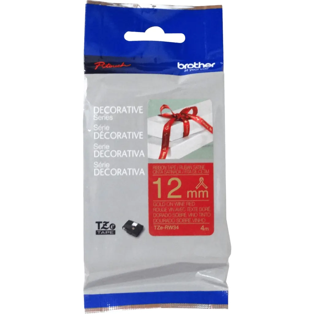BROTHER Satin 12mm Dorado en Fondo Rojo-Vino Cinta 4mt p/PT-H110/H200