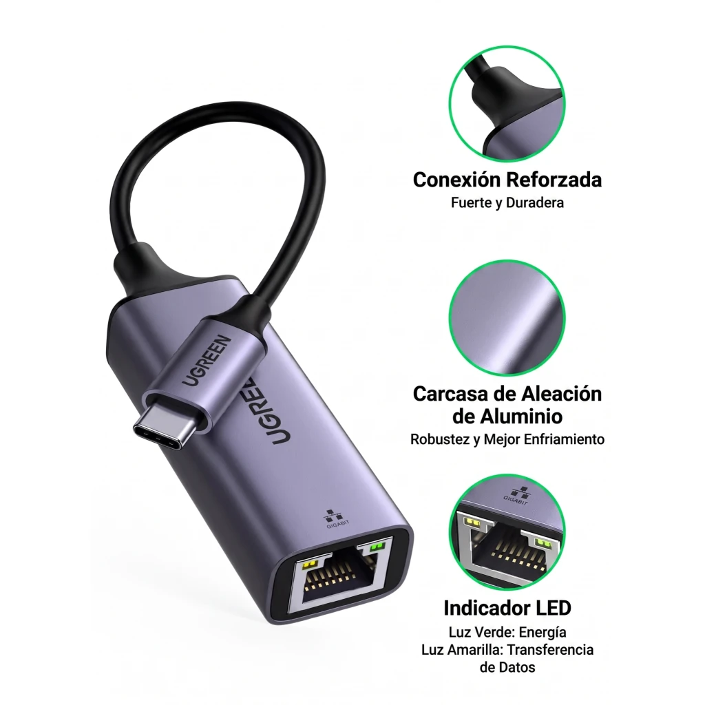 Imagen 1 de Adaptador de Red UGREEN CM483 USB-C a Red Gigabit Ethernet RJ45 Aluminio