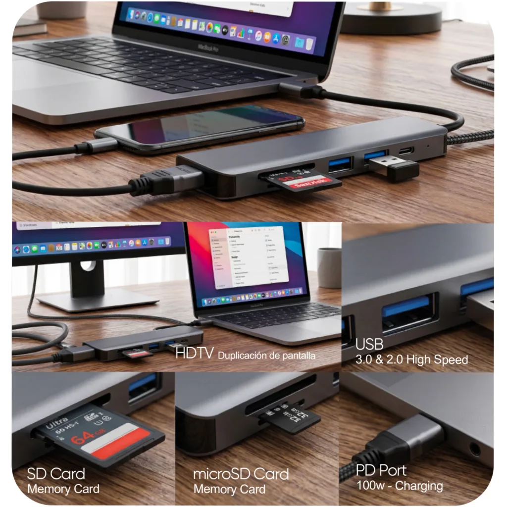 Imagen 1 de MLAB HUB ADAPTADOR 6 EN 1 TYPE-C A HDMI + SD/TF CARD + PD100W + 2USB2.0