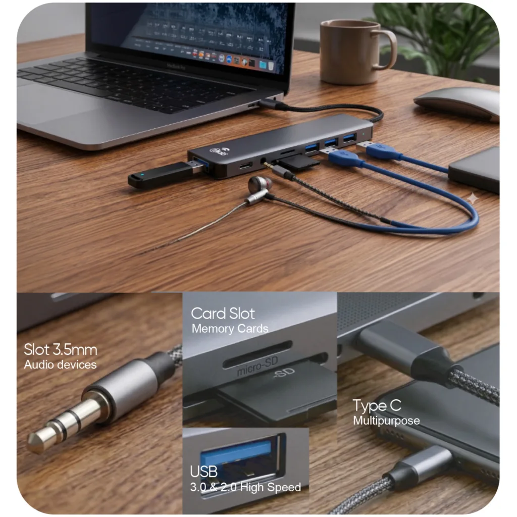 Imagen 1 de MLAB HUB ADAPTADOR 8 EN 1 TYPE-C A SD/TF CARD + AUDIO 3.5mm + USBC2.0 + 1USB3.0 + 3USB2.0