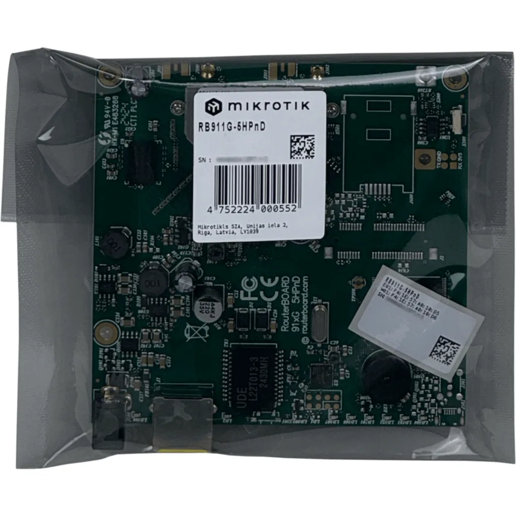 RouterBOARD 911G 5GHz high power con Gigabit y RouterOS. Placa compacta para CPE, enlaces punto a punto y soluciones inalámbricas outdoor.