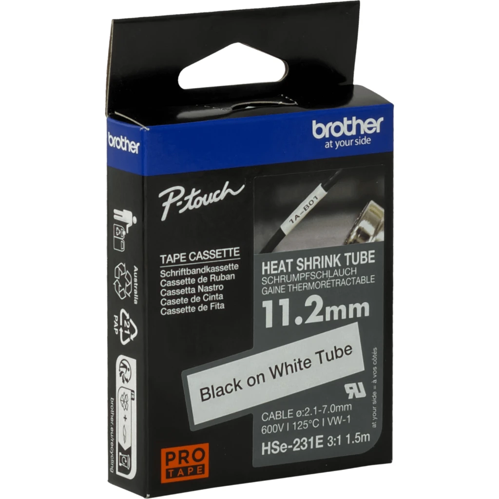 Imagen 1 de BROTHER 11,2mm Termoretractil 2,1-7,0mm Negro en Blanco Cinta 1,5mt