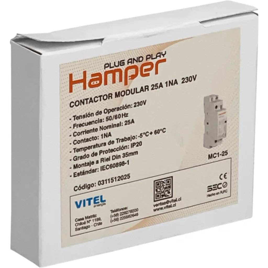 Imagen 1 de HAMPER 25A Contactor Monofasico Modular 230/400V 1NA IP20 Certif-SEC