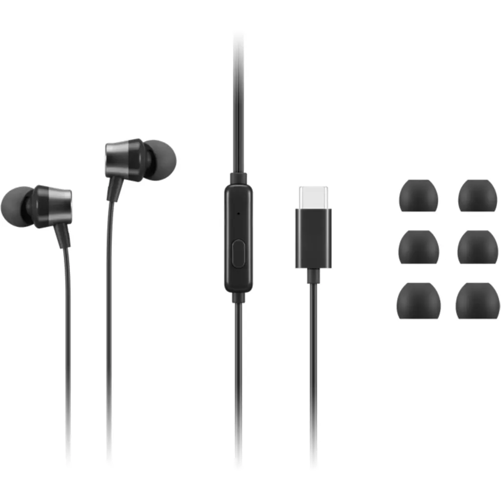 Audífonos Alámbricos Lenovo, USB-C c/mic p/Computer, Cellular phone Color Negros