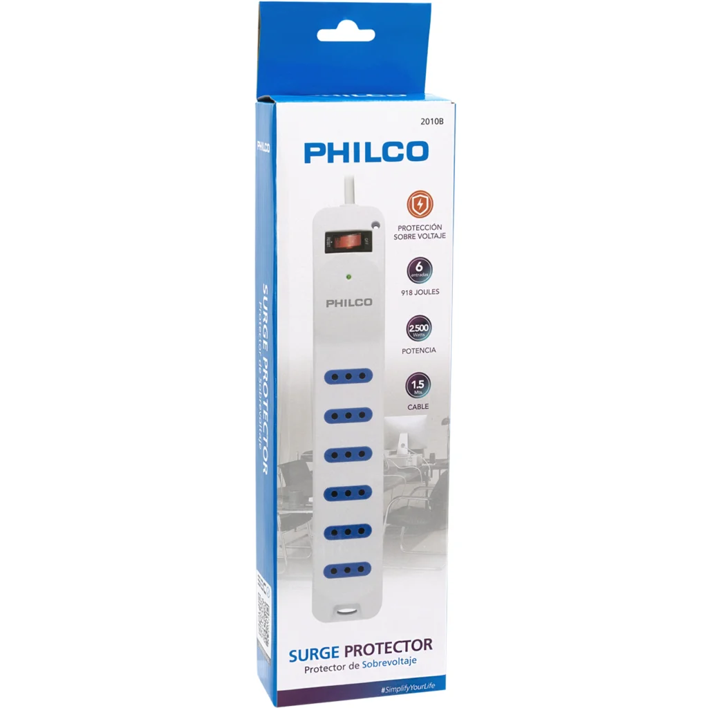 Imagen 3 de Alargador Eléctrico 6 Tomas 10A 2500W c/Switch Cable 1.5mts Color blanco -Philco