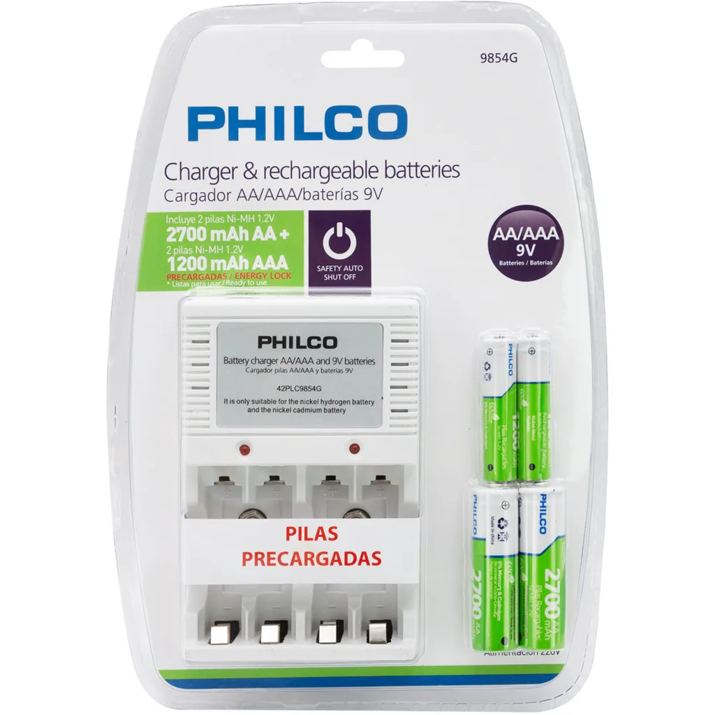 Cargador de Pilas AA/AAA/9V + Pilas 2*AA 2700mAh + Pilas 2*AAA 1200mAh Precargad