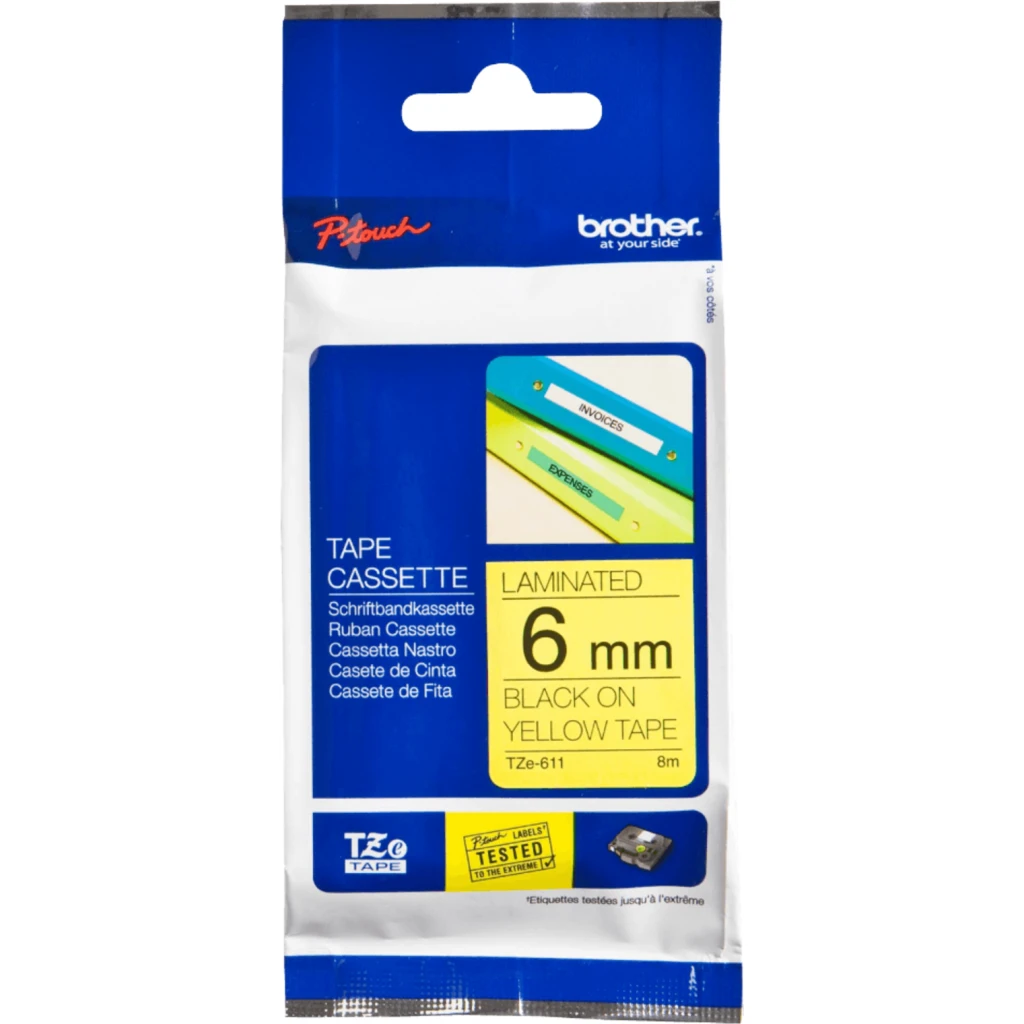 Imagen 1 de BROTHER 6mm Negro en Fondo Amarillo Cinta 8mt p/PT-H110/E300/E550/D600
