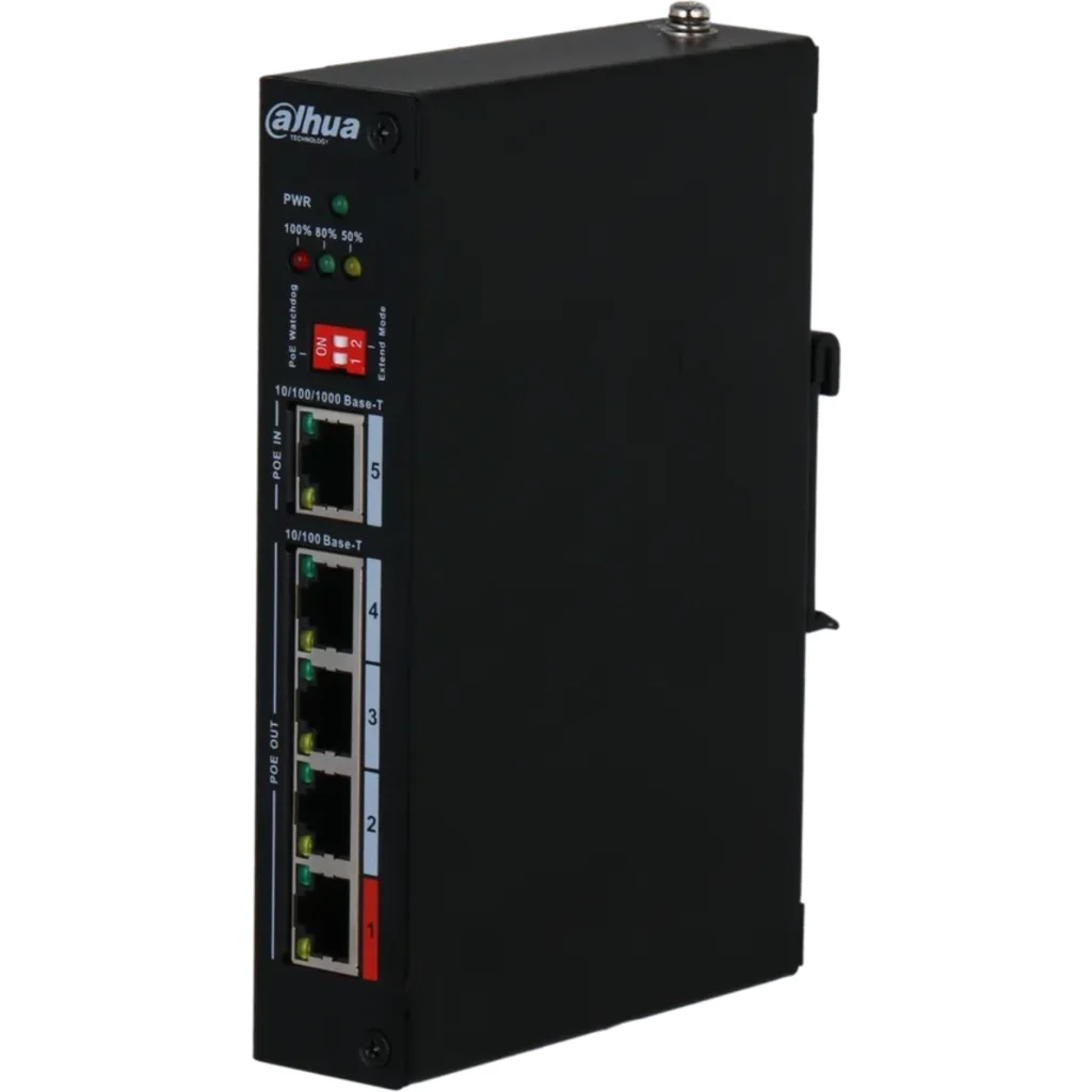 Imagen 1 de DH-PFT1500. Extensor PoE Dahua de 5Puertos 4 puertos 100 Mbps de salida de PoE y 1 Puerto 1000 Mbps de Entrada PoE, a riel din